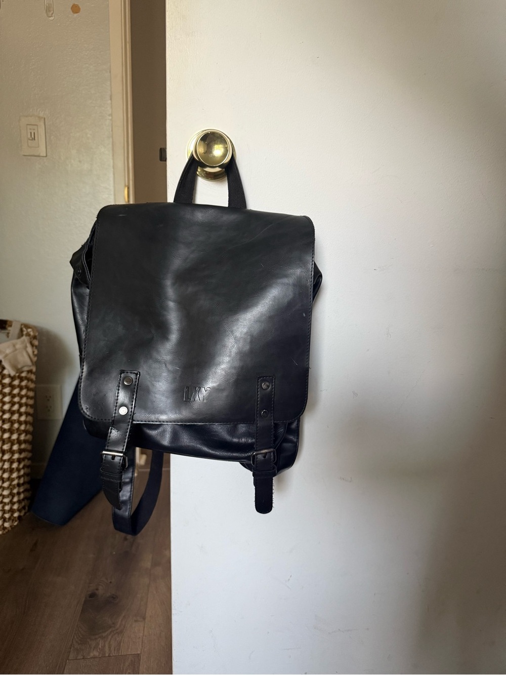 Men's Black Leather Flap Backpack - Classic Minimal Design